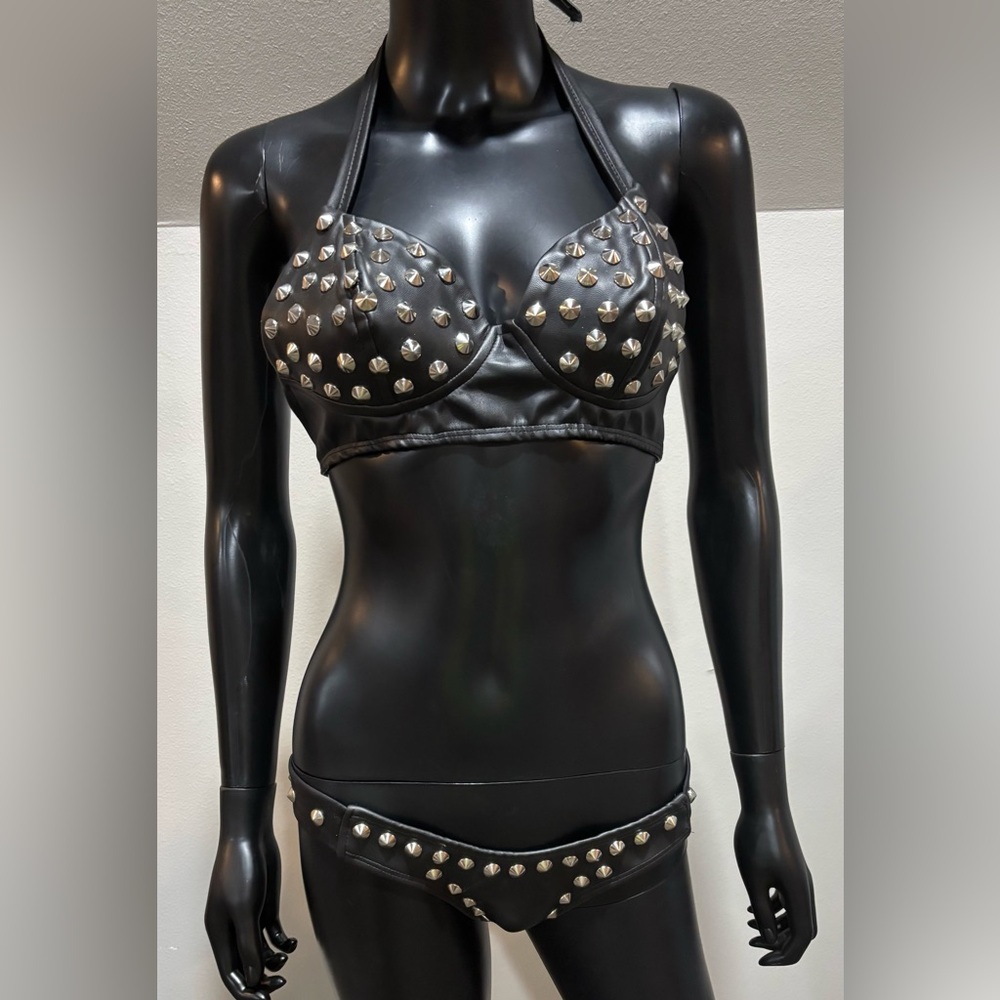 Roma faux black leather studded bikini lingerie M L halter tie top